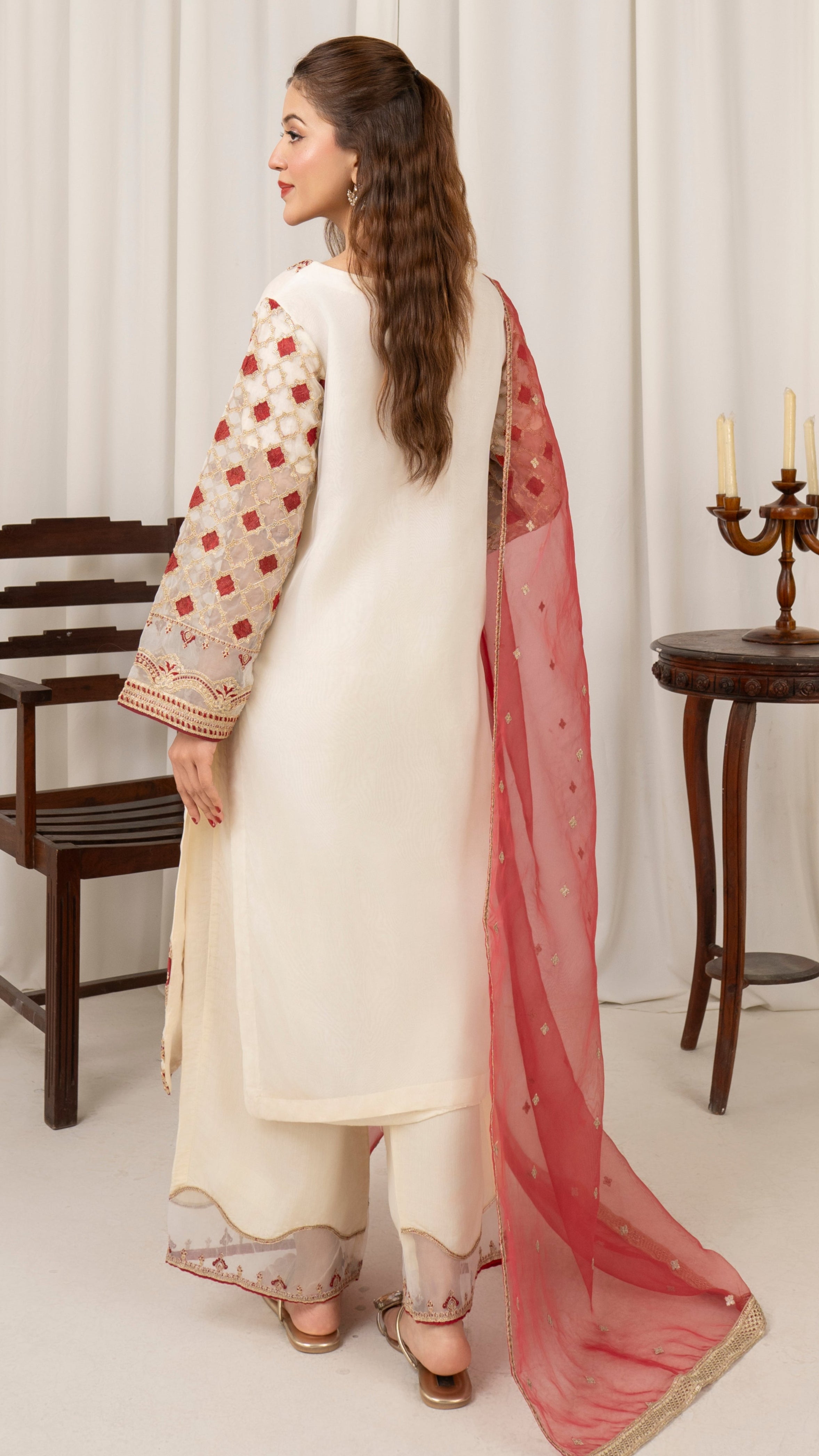 Ivory & Red Organza Suit
